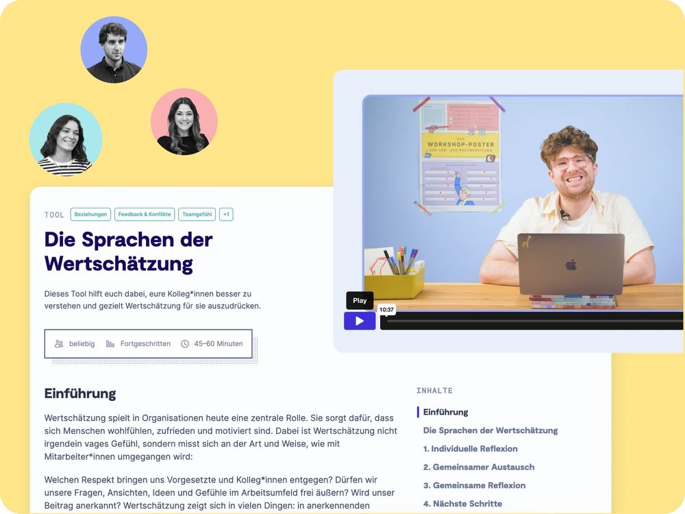 Screenshot des 9 Spaces Tools "Die Sprachen der Wertschätzung" sowie Screenshot eines Videos und Fotos einzelner 9 Spaces Berater*innen