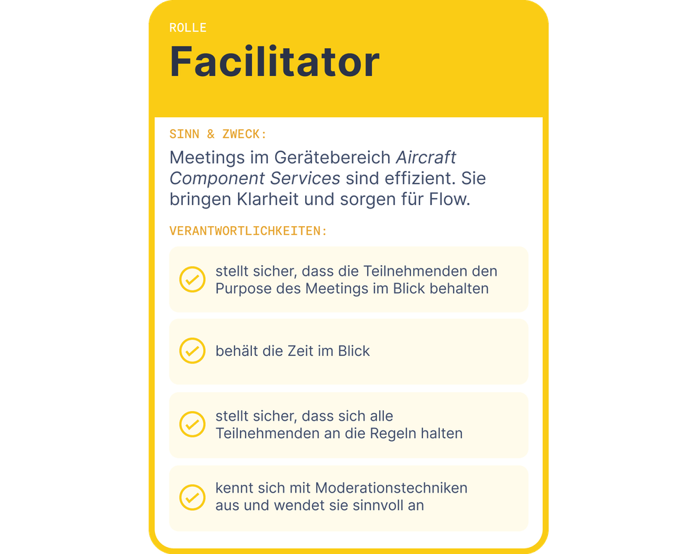 Screenshot der Rolle "Facilitator" mit Sinn und Zweck und Verantwortlichkeiten