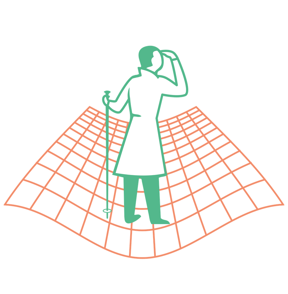 Ein Mensch steht auf einer abstrakten Oberfläche und blickt in die Ferne.