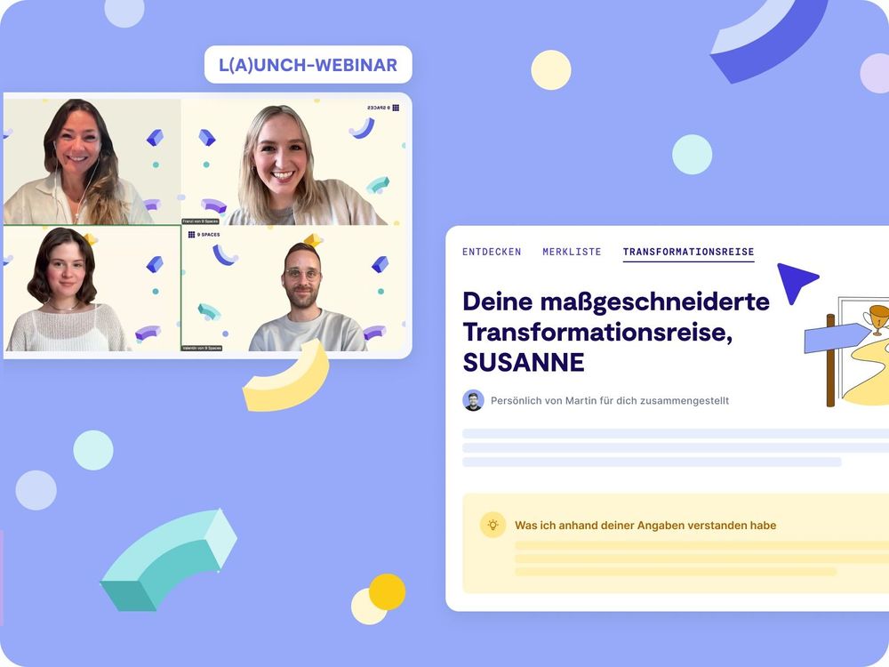 Bild aus einem Zoom-Webinar mit 3 Teilnehmenden und Screenshot der 9 Spaces Transformationsreisen