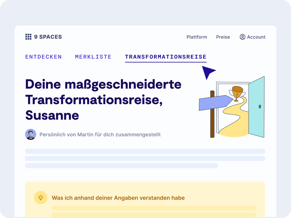 Screenshots der 9 Spaces Transformationsreise