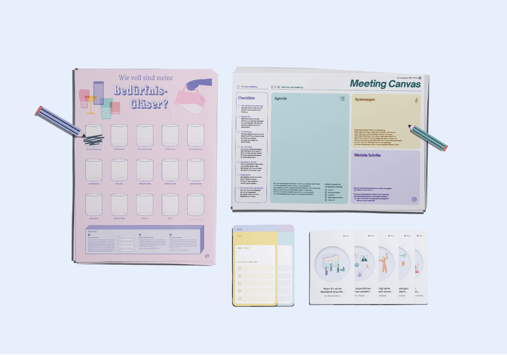 Ganz links: Das 9 Spaces Bedürfnisgläser-Poster, rechts davon das Meeting Canvas (gedruckt), beide haben einen Stift über sich, darunter 4 Rollenkarten, daneben 5 Tool-Anleitungen