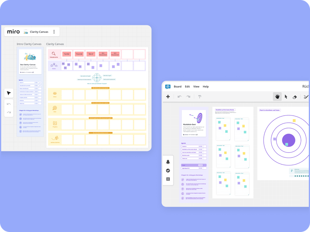 Screenshot der 9 Spaces Tools Carity Canvas und Rückblick-Dart Whiteboards in Miro und Conceptboard