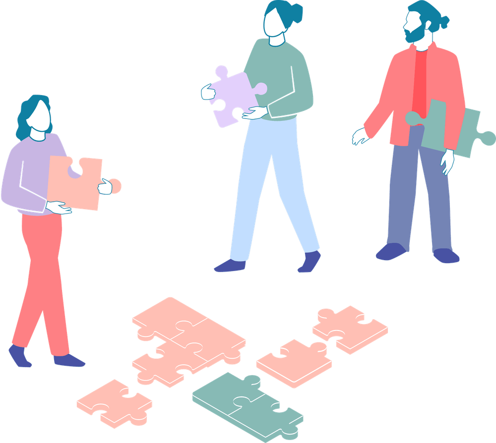 Drei Personen halten Puzzlestücke in der Hand und vervollständigen ein auf dem Boden liegendes Puzzle