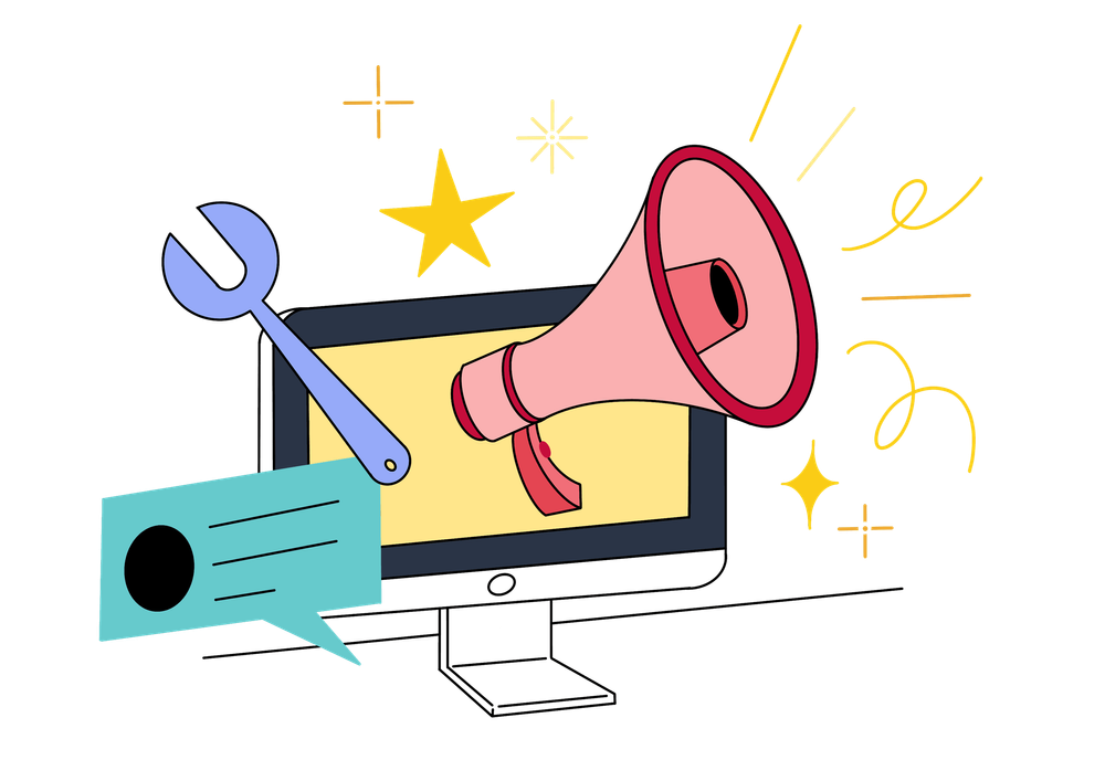 Sternchen, Megafon, Werkzeug und Notizzettel