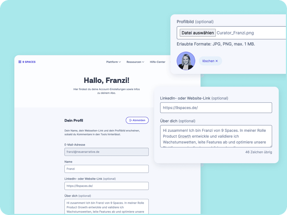Screenshots der 9 Spaces Mein Account und Profil-Einstellungen