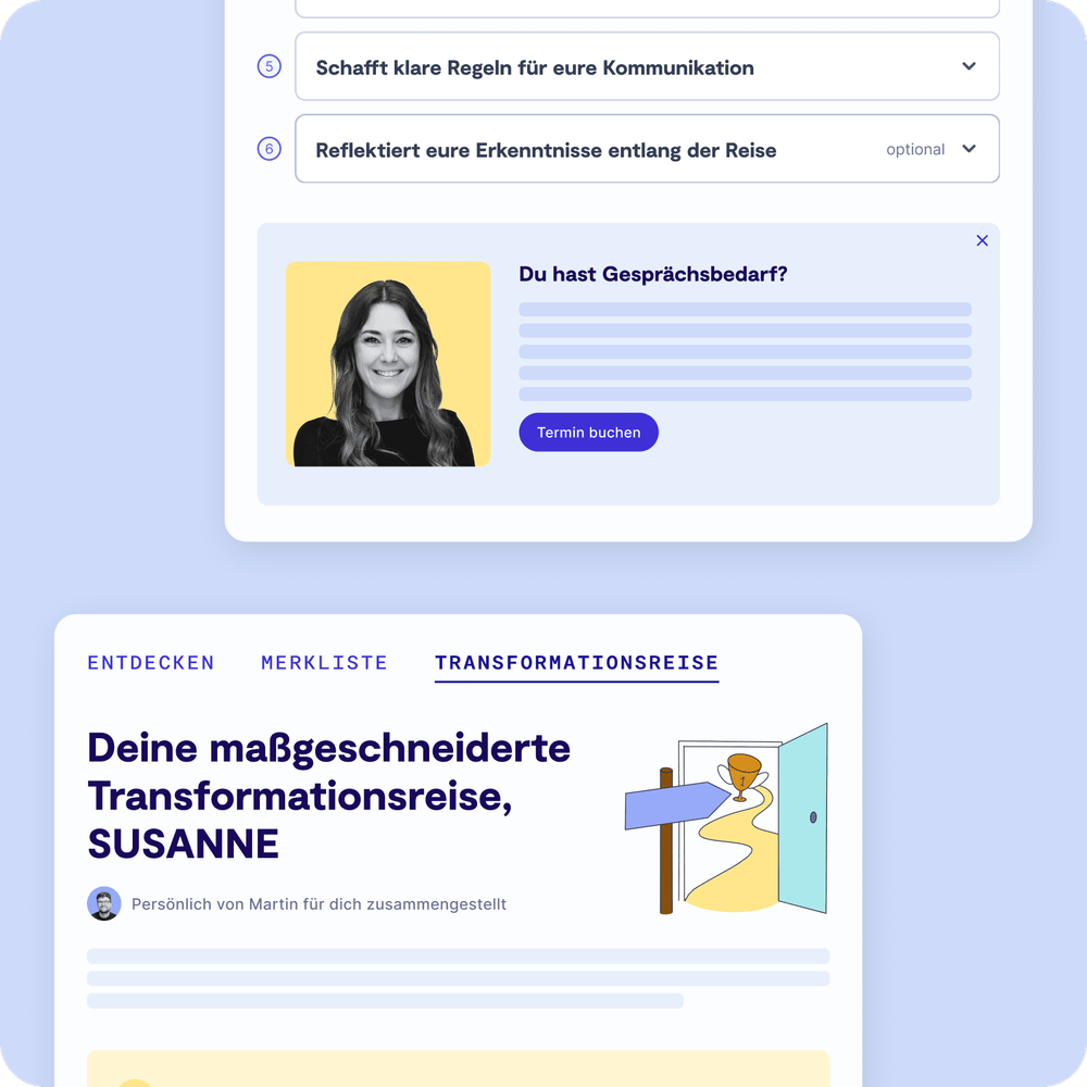 Screenshot der 9 Spaces Transformationsreise mit Möglichkeit zu unserer Sales-Person Liz Kontakt aufzunehmen