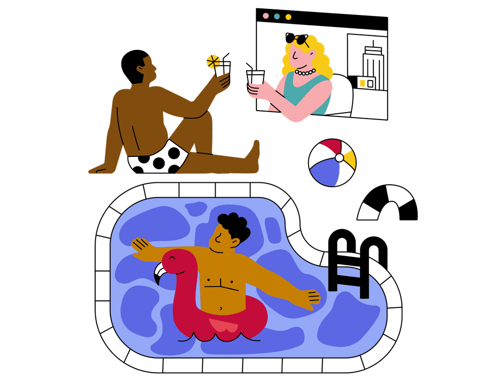 Illustrationen von Menschen am Pool und in Meetings