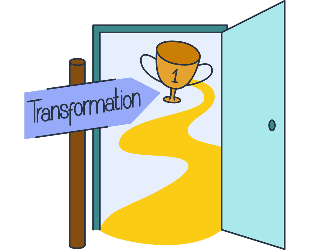 Illustration, die einen Weg zu einem Pokal zeigt, der durch eine offene Tür dargestellt wird