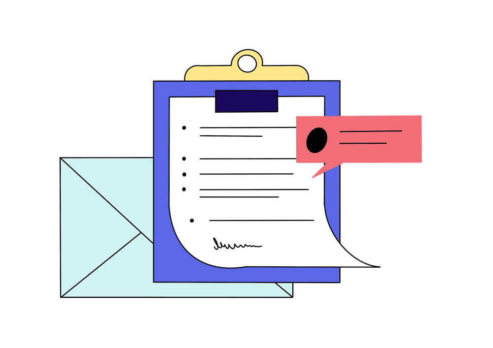 Klemmbrett mit einem Zettel darauf, eine rote Sprechblase und ein türkisfarbener Umschlag im Hinetrgrund