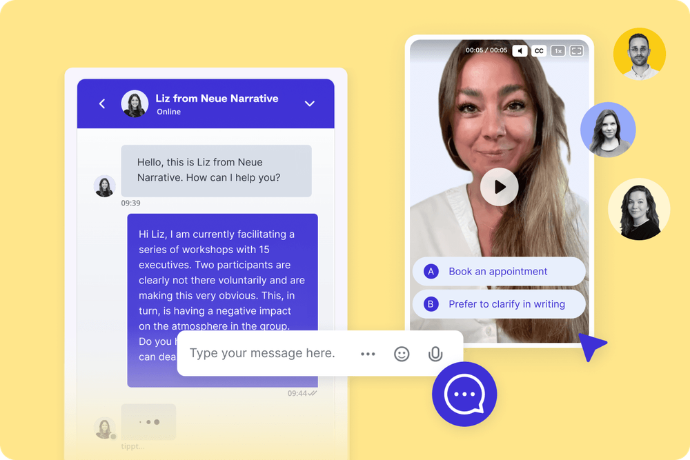 Liz consulting via video call and a chat with her