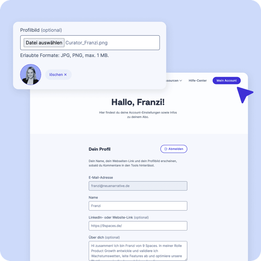 Screenshot der Profileinstellungen auf 9 Spaces