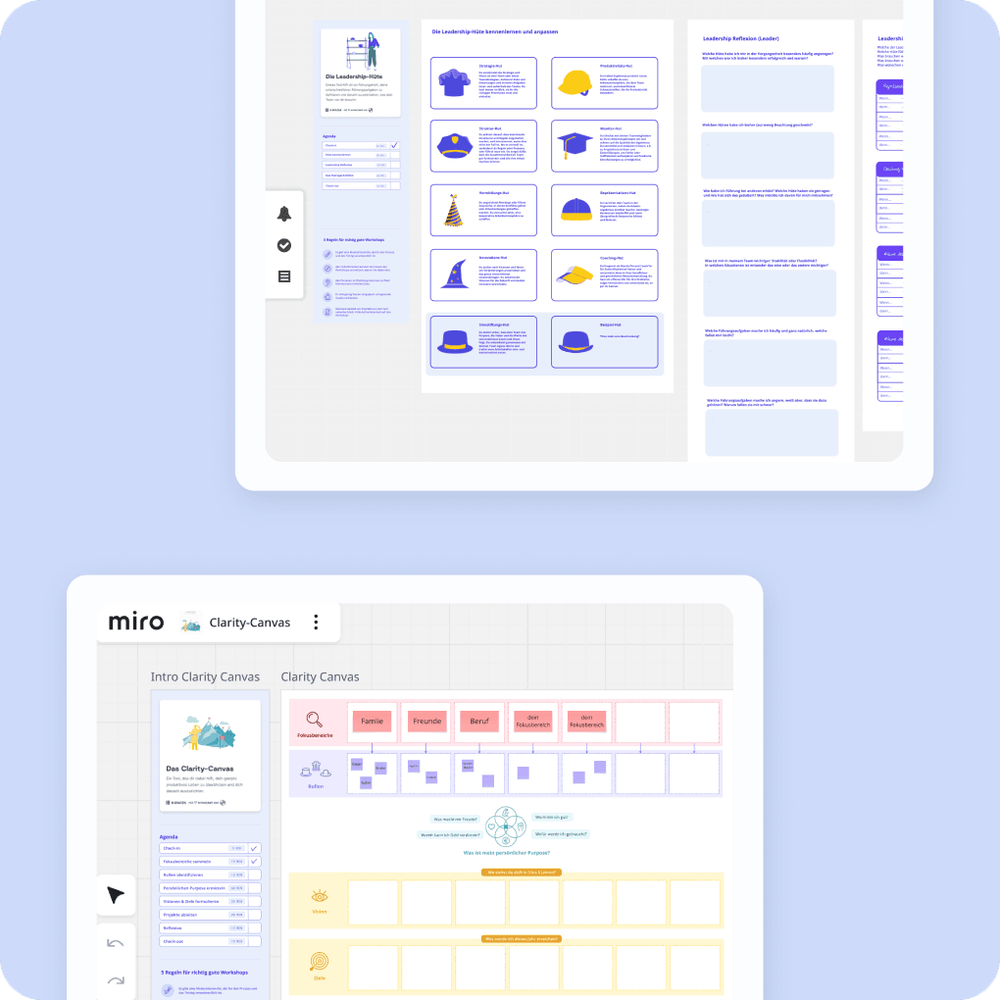 Zwei Screenshots überarbeiteter Whiteboard-Templates in Miro und Conceptboard mit klarer Struktur und neuen Design-Elementen.