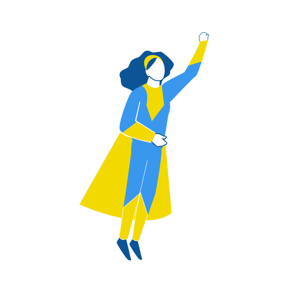 Eine Person im Superheldenanzug mit einer Faust nach oben