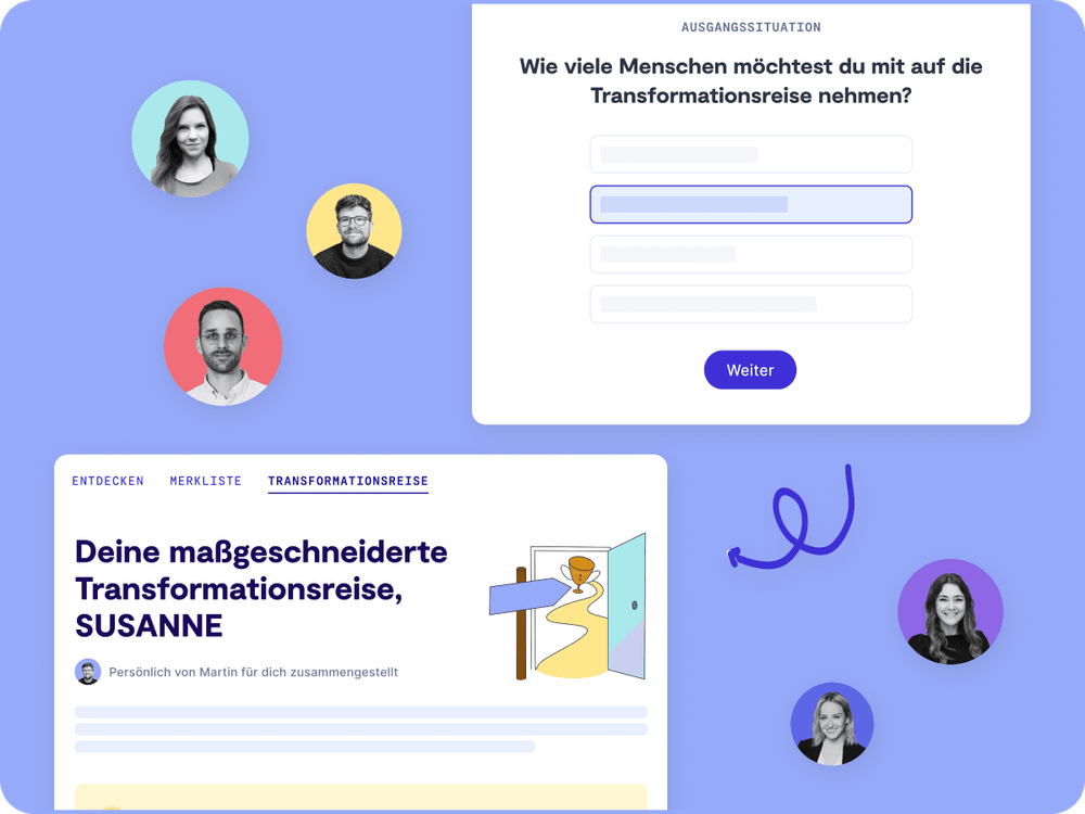 Screenshots der 9 Spaces Transformationsreise-Fragebogens und der finalen Reise