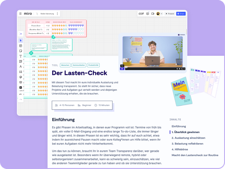 Screenshot des 9 Spaces Tools "Der Lasten-Check" und des Miro-Boards "Rollen-Verortung", zusammen mit einer Video-Preview