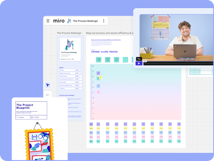 9 Spaces screenshot showing a Miro, a video and a pdf preview of a tool