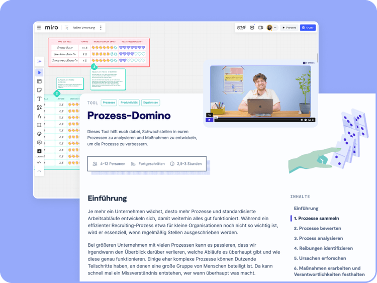 Screenshot des 9 Spaces Tools "Prozess Domino" und des Miro-Boards "Rollen-Verortung", zusammen mit einer Video-Preview