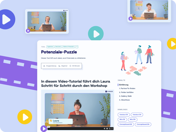 Screenshot des 9 Spaces Tools Potenziale-Puzzle kombiniert mit weiteren Screenshots der Video-Tutorials