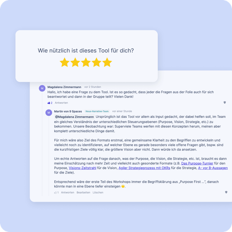 Kommentar-Section auf 9 Spaces zusammen mit Möglichkeit Sternebewertungen zu einzelenen Tools abzugeben