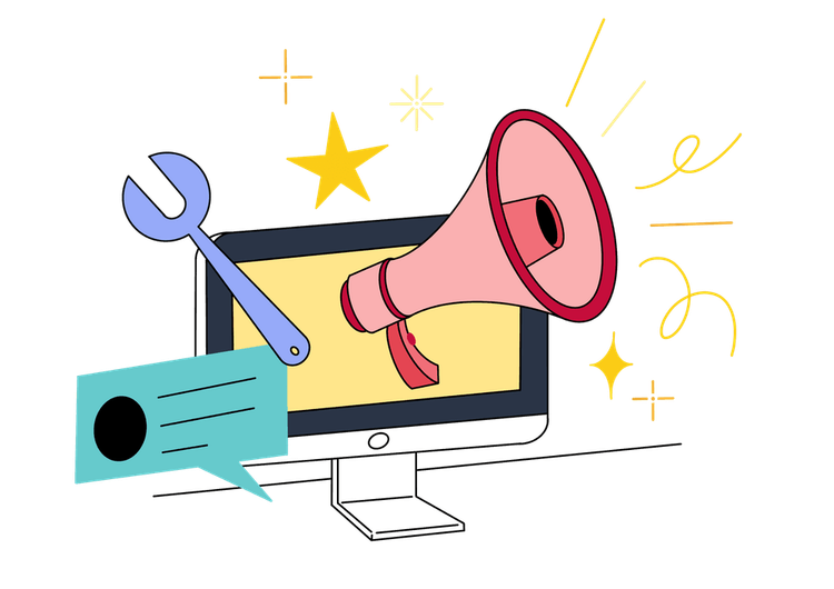 An illustration showing a wrench, a megaphone and a speech bubble coming out of a desktop