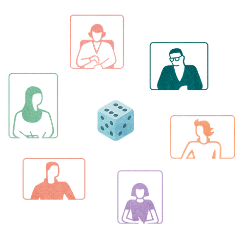 Illustration of six people in a circle and a die in the middle