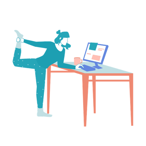 Eine Person steht neben einem Tisch und macht eine Yoga-Pose