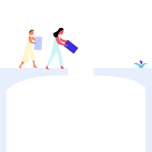 Zwei Menschen laufen über die Hälfte einer Brücke mit Steinen in der Hand, um die Lücke zur zweiten Hälfte zu schließen.