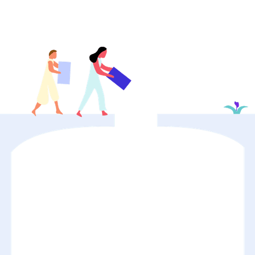 Illustration of two people walking over a broken bridge