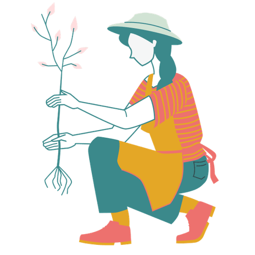 Eine Person, die eine Schürze und einen Hut trägt und einen kleinen Baum in der Hand hält