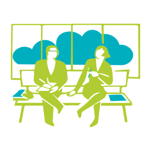 Zwei auf einer Bank sitzende Person, wobei eine blaue Wolke im Hintergrund zu sehen ist