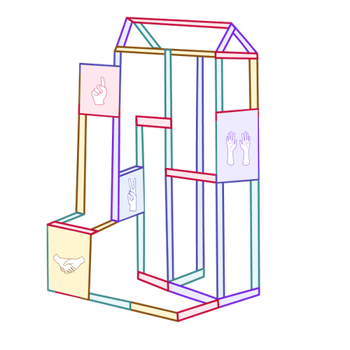 Ein Klettergerüst ist zu sehen, mit vier Schildern, die verschiedene Arten der Entscheidungsfindung symbolisieren.