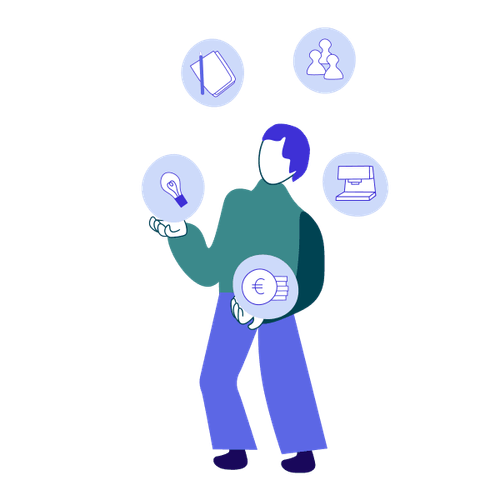 Ein Mensch jongliert verschiedene symbolisch dargestellte Erwartungen.