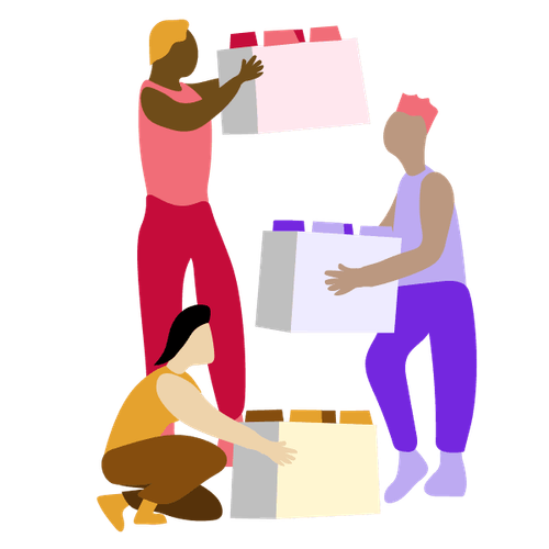 Drei Menschen setzen Bausteine aufeinander.