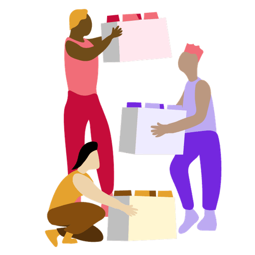 Illustration of three people holding building blocks