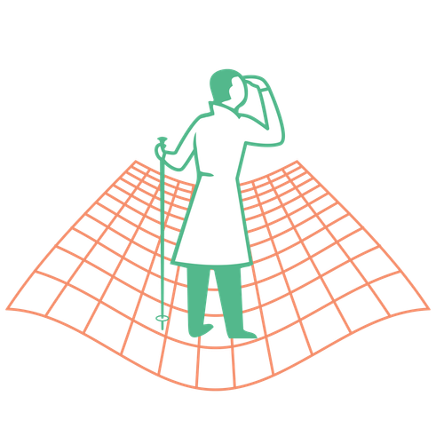 Ein Mensch steht auf einer abstrakten Oberfläche und blickt in die Ferne.