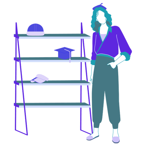 Eine Person steht neben einem Hutregal