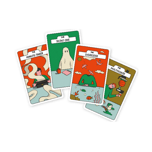 Vier bunte Karten, auf denen jeweils eine Meeting-Persona abgebildet ist, z. B. "Multitasker"