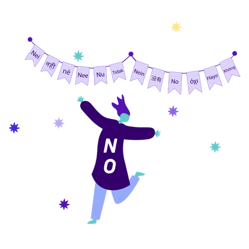 Eine Person tanzt vor einer Girlande mit Nein auf verschiedenen Sprachen geschrieben.
