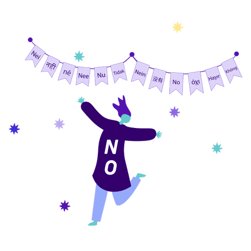 A person dances in front of a garland with the word 'no' written in different languages.