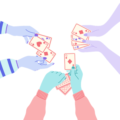 Die Hände von drei Personen, die Spielkarten halten