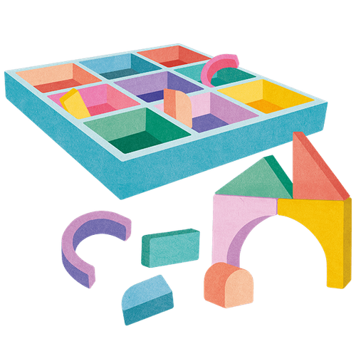 Illustration eines Spiels mit Bauklötzen in unterschiedlichen Formen und Farben