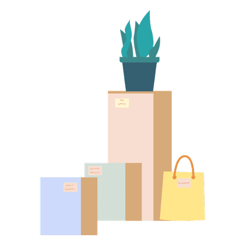 Illustration of a plant, folders and a bag