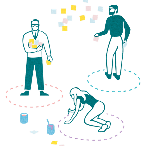 Illustration of three people working together and writing on post-its