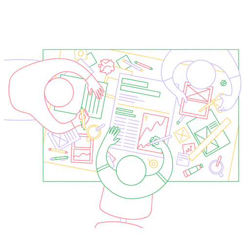 Zwei Personen kreieren eine Zeitung aus unterschiedlichen Elementen