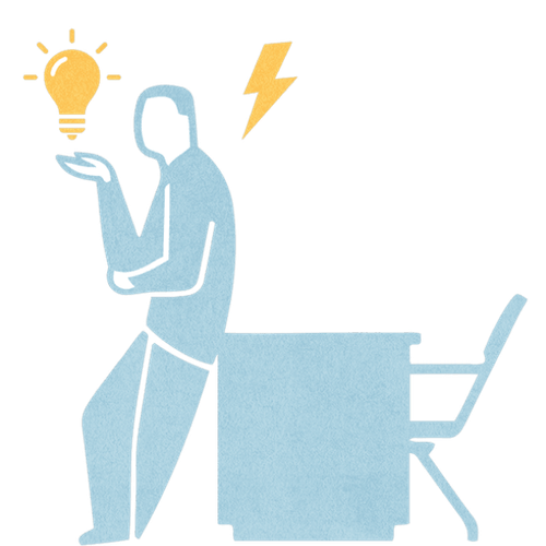 Eine Person mit einem Blitz im Nacken, aus dem eine Idee wird