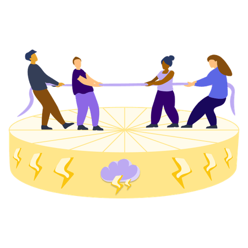 Four people stand on the tension wheel and pull on a rope in opposite directions.