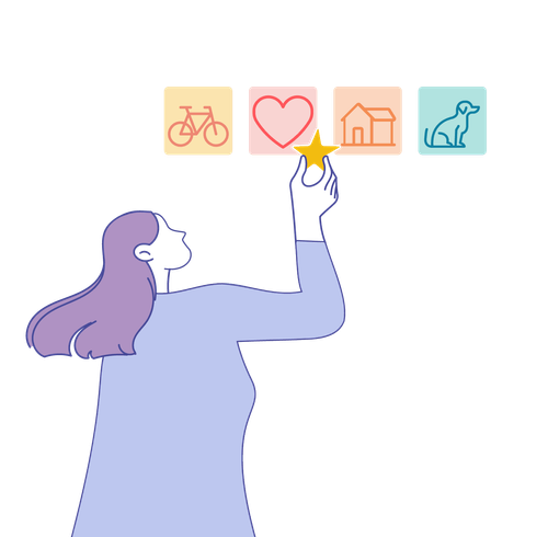 Eine Person hängt einen Prio-Stern an eins von vier Feldern mit unterschiedlichen Symbolen