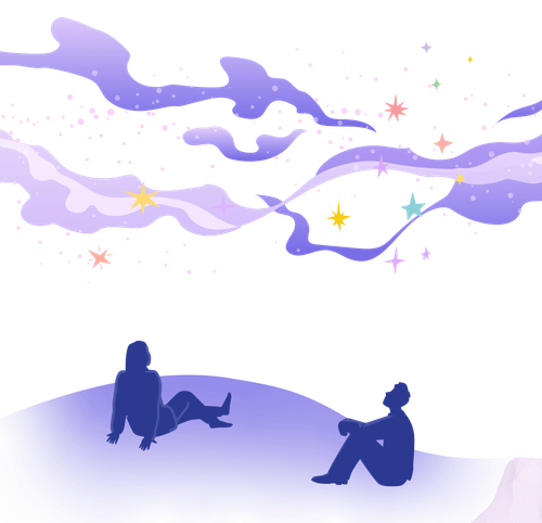 Illustration von zwei Personen, die in den Sternenhimmel schauen