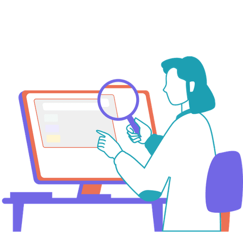 Eine Frau im Laborkittel schaut mit einer Lupe auf einen Bildschirm